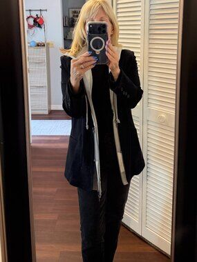 G.E.T. Women's Peacoat Hoodie Blazer Coat, Navy Blue & Ash Grey, Medium (M)